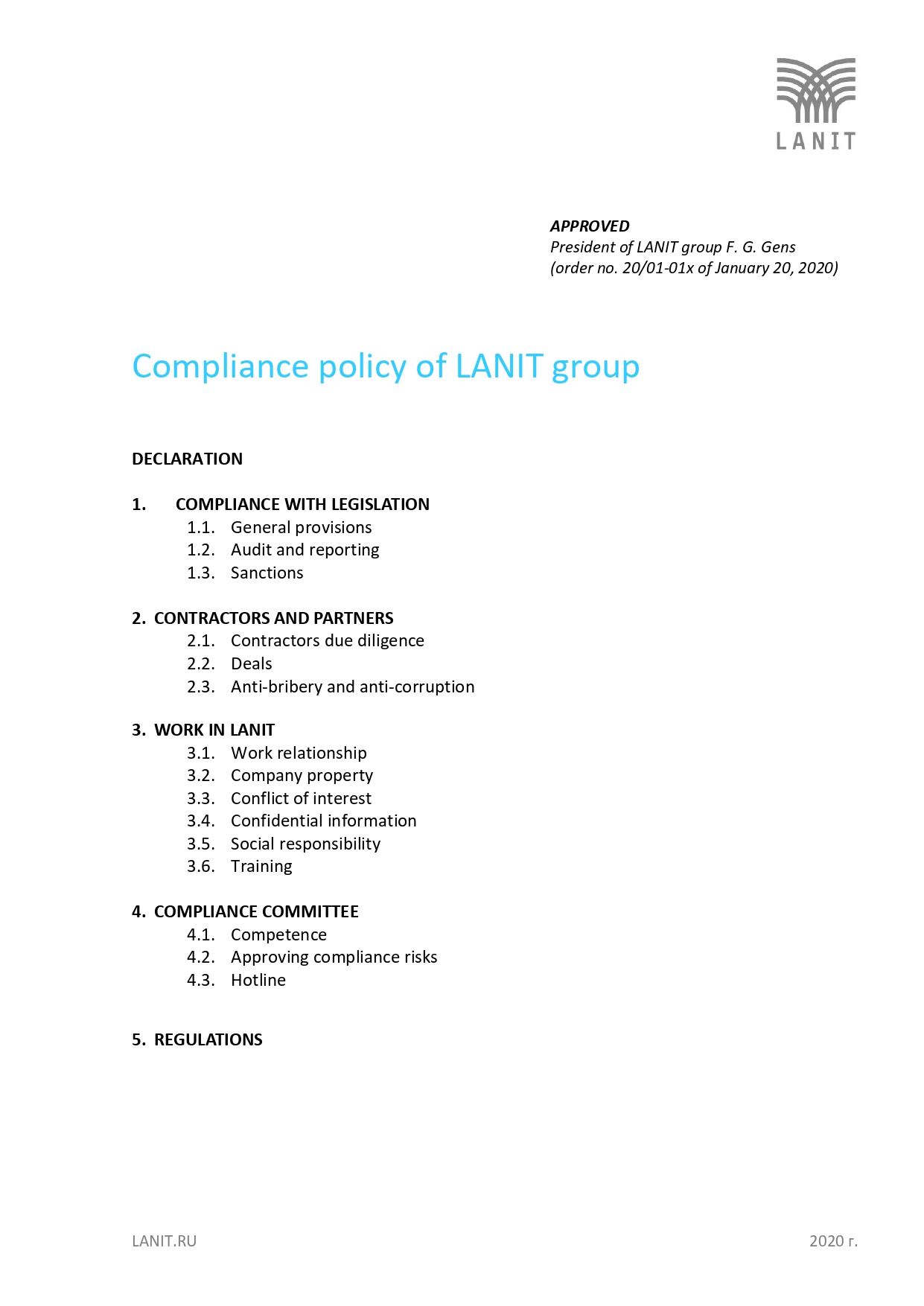 COMPLIANCE POLICY OF GROUP LANIT